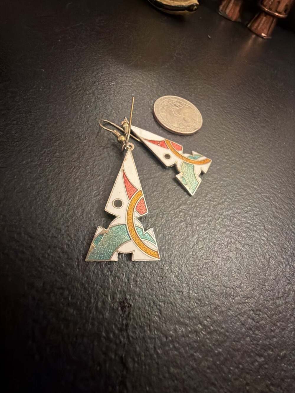 Vintage Enamel Art Deco Geometric Dangle Earrings